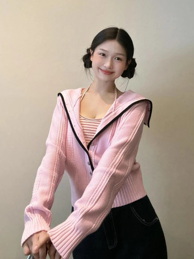 Y2k Pink Knitted Cardigan Sailor Collar Long Sleeve Sweater Women Korean Fashion Preppy Style Autumn Winter Cute Clothes