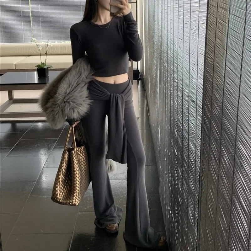 Autumn New Streetwear Laceup Solid Color Casual Wide Leg Pants Women + Sexy Slim Longsleeved Tshirt Twopiece Suit
