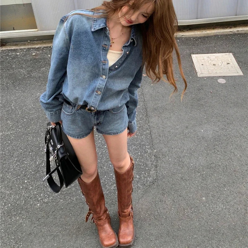 Autumn New Streetwear Washed Distressed Denim Loose Longsleeved Shirt Women + Casual Straight Pants Twopiece Suit