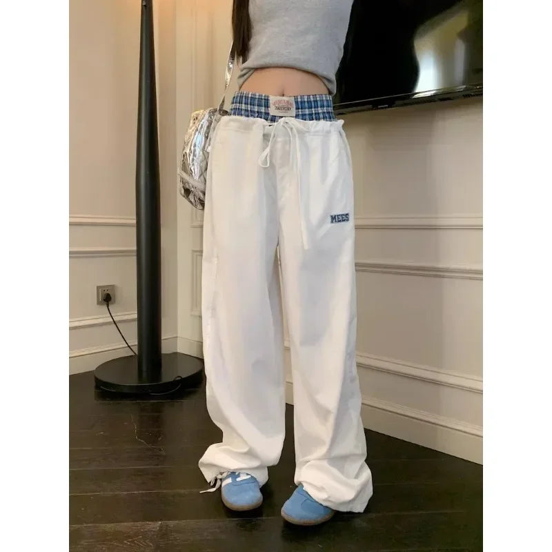 American Contrast Color Patchwork Loose Wide Leg Pants Women Autumn New High Waist Laceup Letters Embroidered Casual Pants