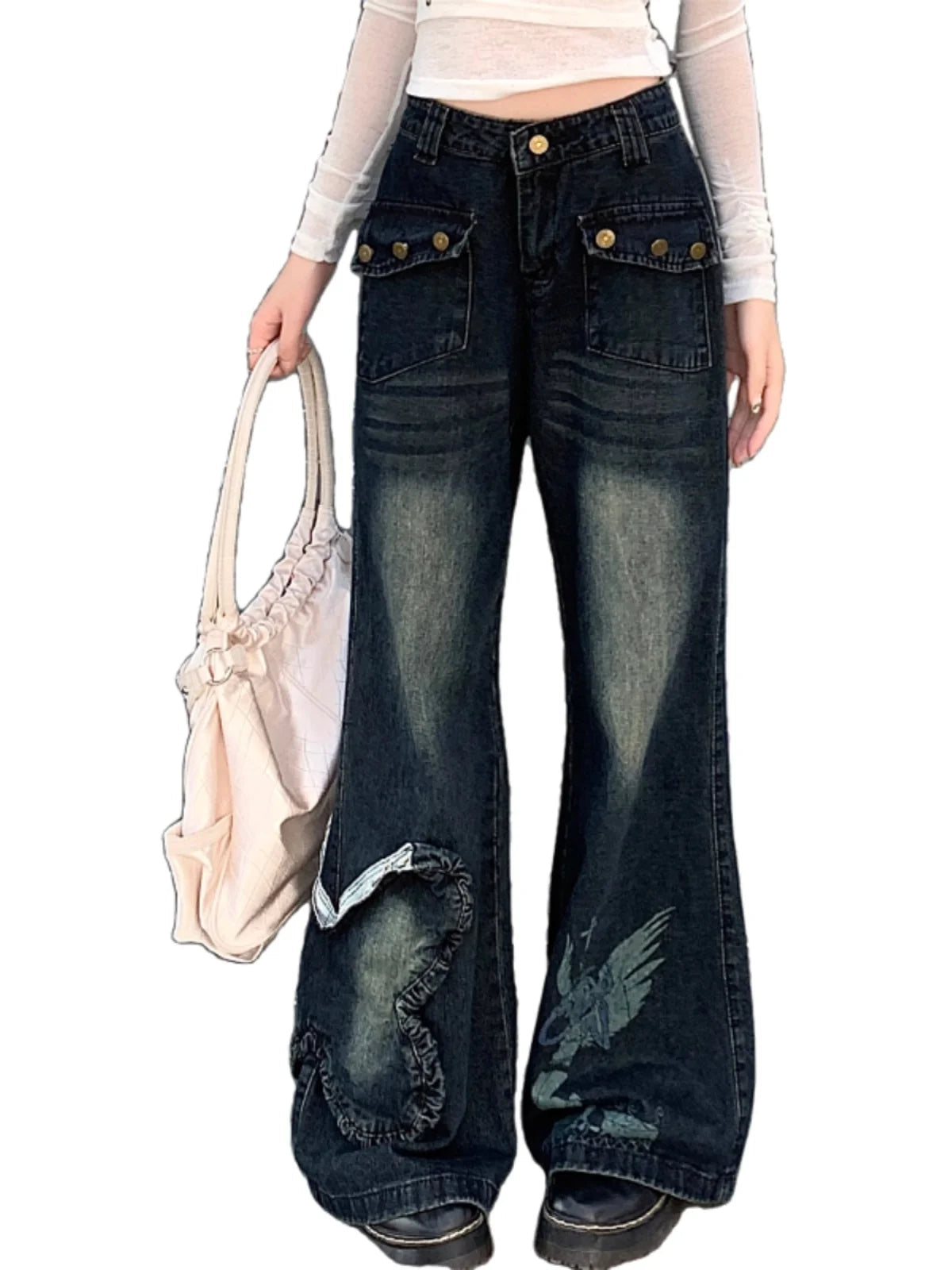 Women's Blue Baggy Jeans Aesthetic Vintage Oversize Cowboy Pants Harajuku Straight Denim Trousers Y2k 2000s Trashy Clothes 2024