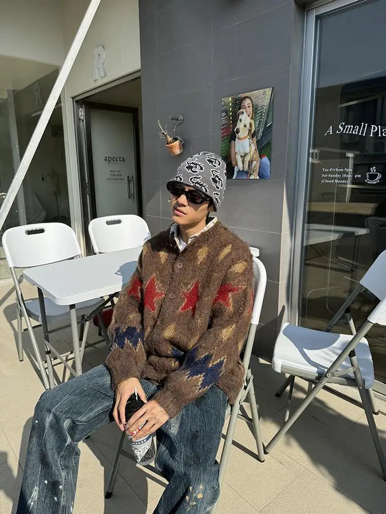 American Retro Christmas Star Knitted Cardigan for Men and Women Round Neck Couple Sweater Soft Plush Coat Sweaters Women Top