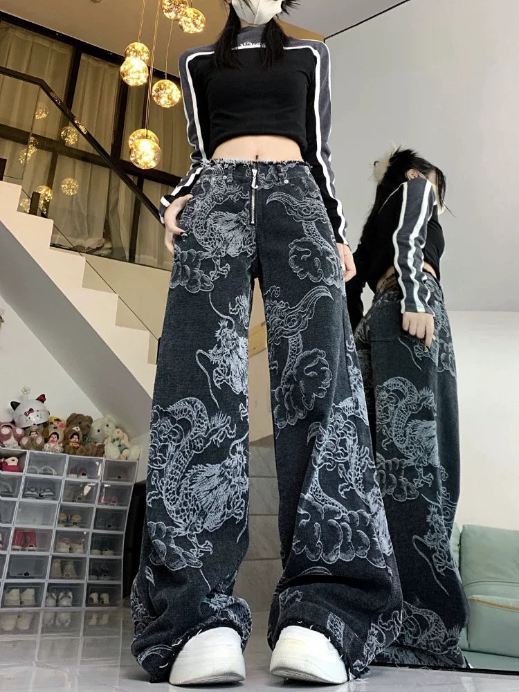 Chinese Style Jeans Women Y2k Vintage Baggy Dragon Print High Waist Zip Wide Leg Denim Pants Hip Hop Causal Kpop Bottoms