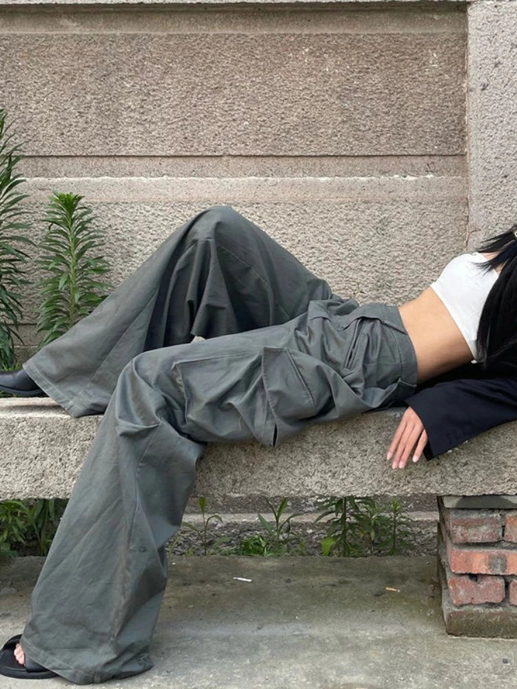Y2k Streetwear Pockets Cargo Pants Harajuku Low Rise Baggy Straight Pants Loose American Retro Trousers Aesthetic 2024