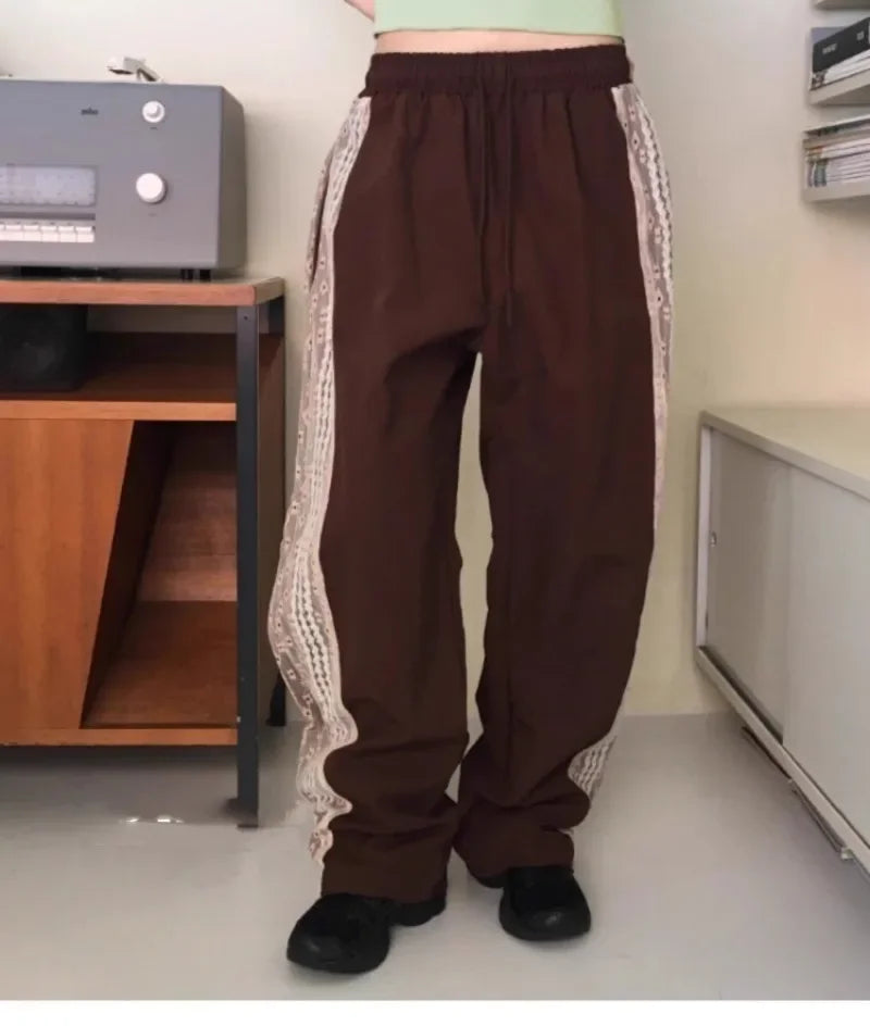 2024 Summer New Loose Y2k EGirl High Waist Straight Trousers Fashion Vintage Lace Patchwork Nylon Wide Leg Pants 2000s Vintage
