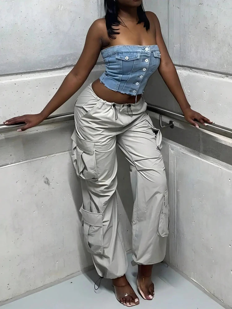 Women Y2k Cargo Pants Multiple Pocket Patchwork Drawstring Ruched Casual Summer Loose Jogger Wide Leg Pants High Street