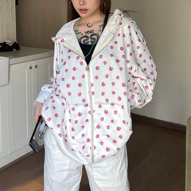 Y2K Floral Print Zipper Hoodie Harajuku Loose Hooded Sweatshirts Cute Oversized Cardigan Casual Basic Thin Coats Autumn