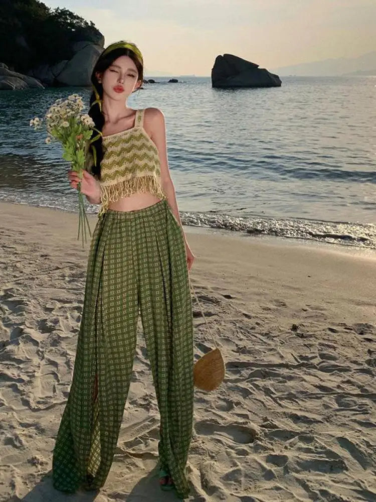 Women Vintage Boho Green Print High Waist Elegant Pleated Wide Leg Pant Summer Pink Casual Loose Straight Split Trousers Fashion