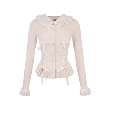 Women's Soft Sweater Cardigan 2024 New Autumn Bow Pearl Single Breasted Oneck Sweater Sweet Coat