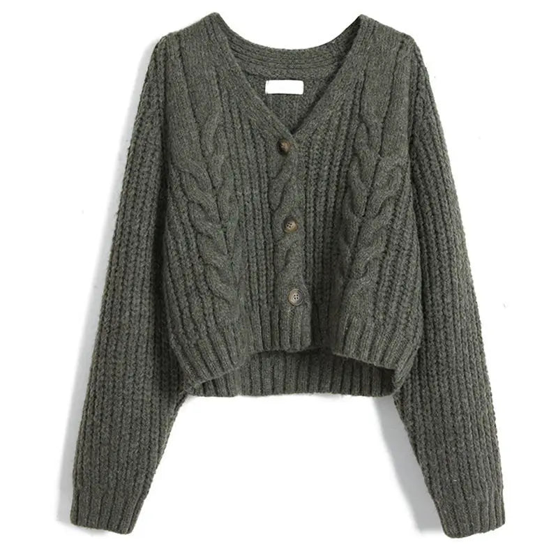 Women Solid Long Sleeve Cardigan Crochet Sweater Autumn Winter Casual Korean Vneck Single Breasted Short Tops Chic Streetwear