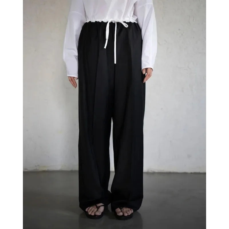 2024 Summer Vintage Korean Retro High Street Black and White Stitching Elastic Laceup Streetwear Fashion Wide Leg Pants