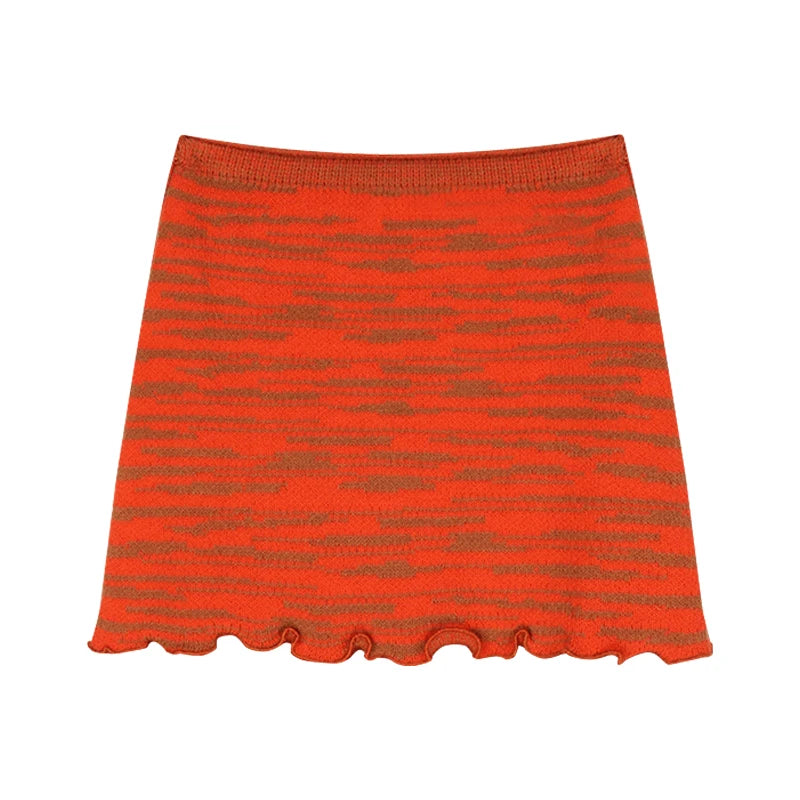 Y2k Orange Striped Suit Fungus Edge Longsleeved Knitted Cardigan Women's Autumn Short Skirt 2piece Set