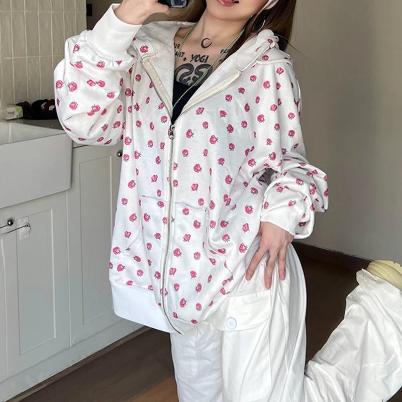 Y2K Floral Print Zipper Hoodie Harajuku Loose Hooded Sweatshirts Cute Oversized Cardigan Casual Basic Thin Coats Autumn