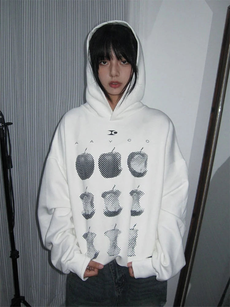 American Retro Fruit Print Hoodies Women High Street Apple Graphic Top Harajuku Oversized Streetwear Design Aesthetics