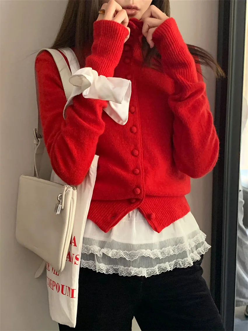 Vintage Red Sweaters Solid Knitted Loose Daily All Match Fashion Autumn 2024 Cardigans New Gentle Sweet Casual