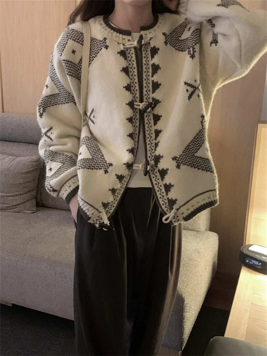 Chic Winter Sweaters Loose Knitwear Women Casual Vintage New Horn Buttons 2025 Slim Office Lady Cardigans Daily Coat