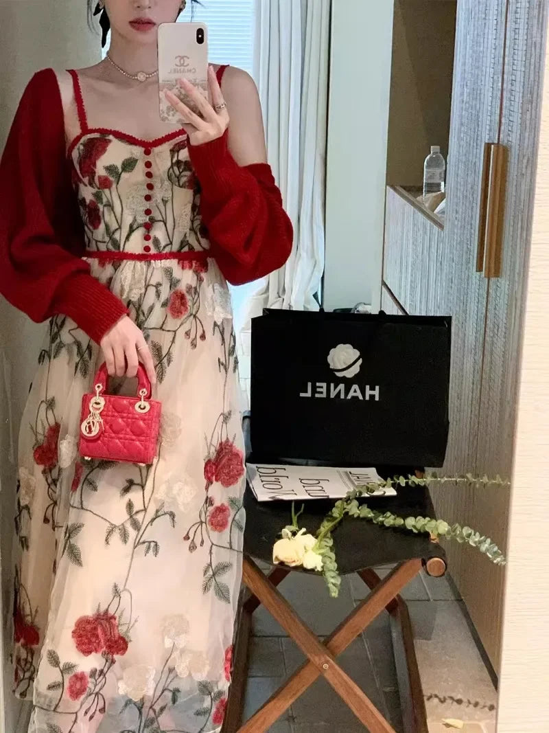 Sweet Hot Girl Suit Women's Autumn Red Longsleeved Cardigan Embroidery Floral Strap Dress Twopiece Set Fashion Female Clothes