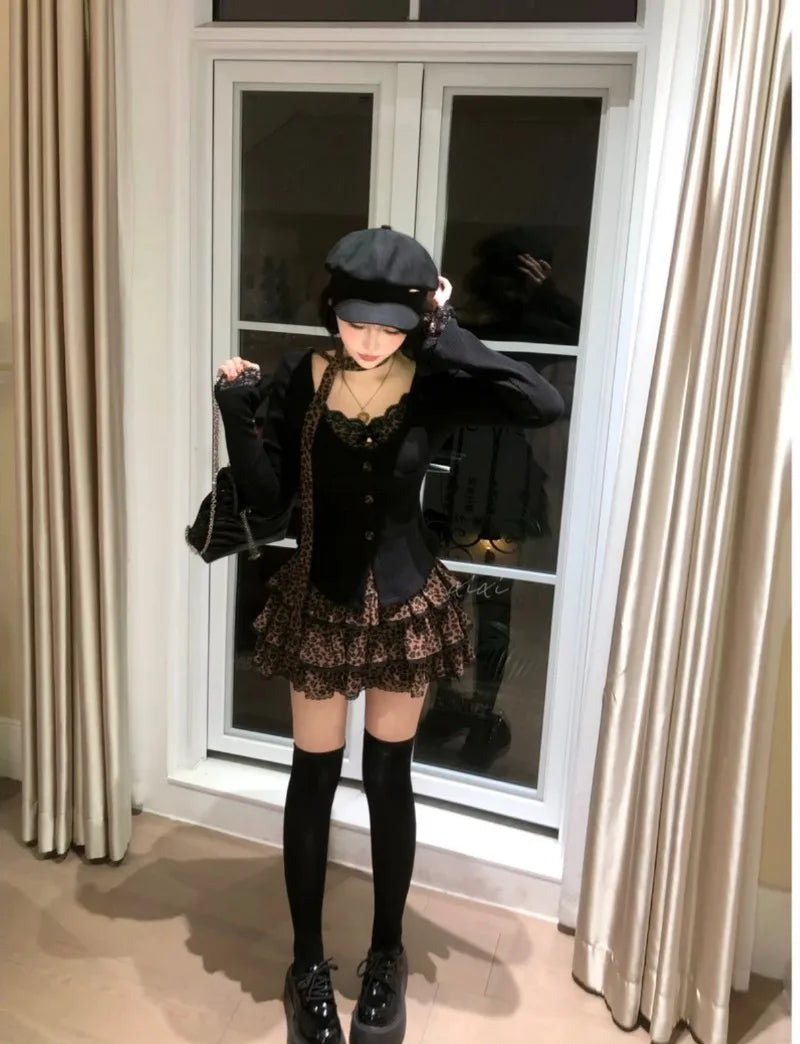 Sweet Hot Girl Suit Women's Autumn Longsleeved Slim Cardigan Leopard Print Aline Skirt Twopiece Set Fashion Female Clothes