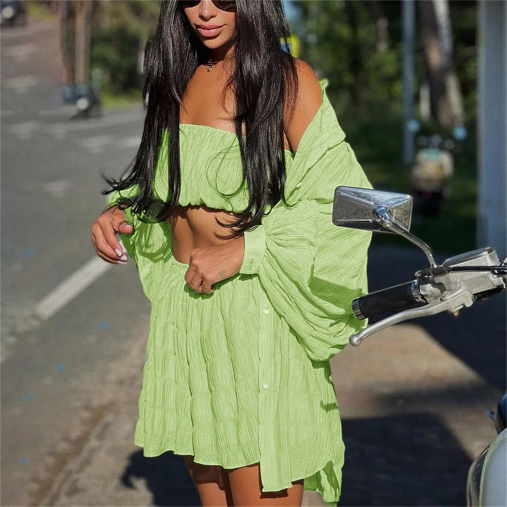 Women White 3 Piece Sets Summer Casual Lantern Long Sleeve Cardigan Tops Shorts Suits Lady Spring Soft Three Piece Outfit