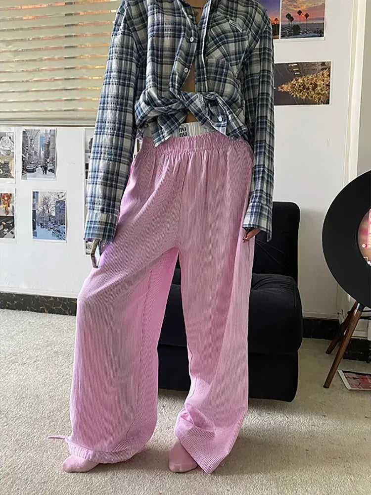 Summer Striped Pants Women Fashion Casual Wide Leg Pants Harajuku Patchwork Fake Two Pieces Trousers Korean Streetwear