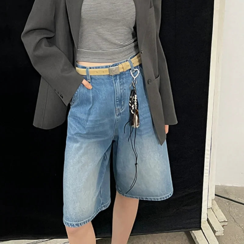 Vintage Washed Women's Denim Wide Leg Shorts Summer Loose High Waist Blue Casual Straight Half Pants Female
