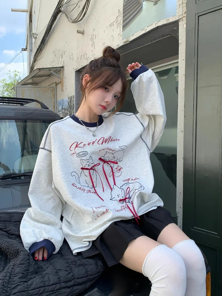 3D Bow Contrast Color Hoodies Round Neck Gray Sweatshirts Autumn Korean Fashion Loose Agereducing Cat Print Loose Top