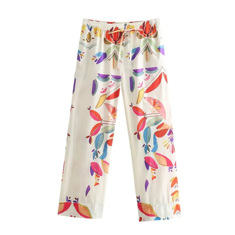 Women Spring Fashion Suit Vintage Printed Lapel Long Sleeves Single Breasted Shirts Female Elastic Waist Wide Leg Pants