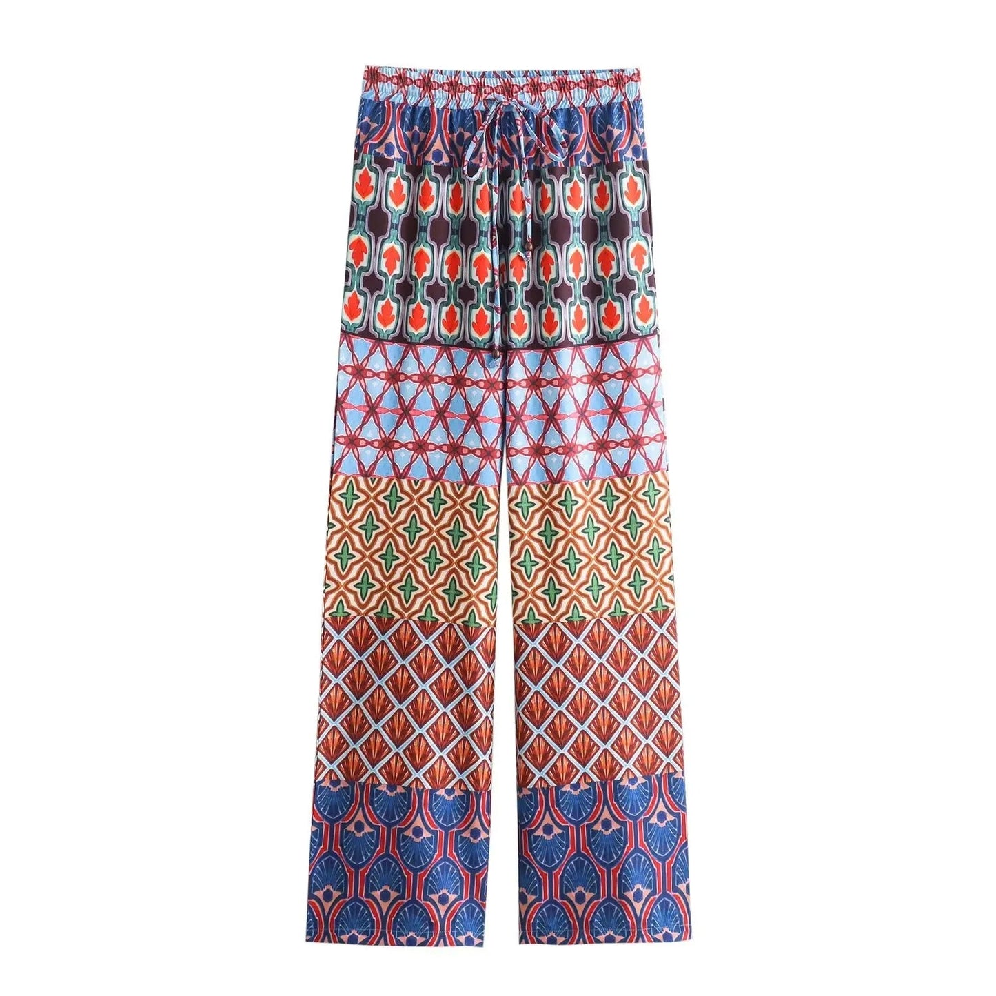 Women Boho 2 Piece Set Elegant Vneck Wide Long Sleeves Printed Crop Top Female Vintage Elastic High Waist Loose Pants