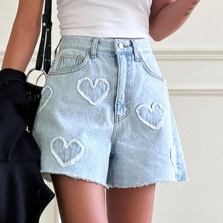 Sweet Cute Fur Heart Pattern Denim Shorts for Women Y2k High Waist Loose Straight Short Pants 2025 Summer New Wide Leg Shorts