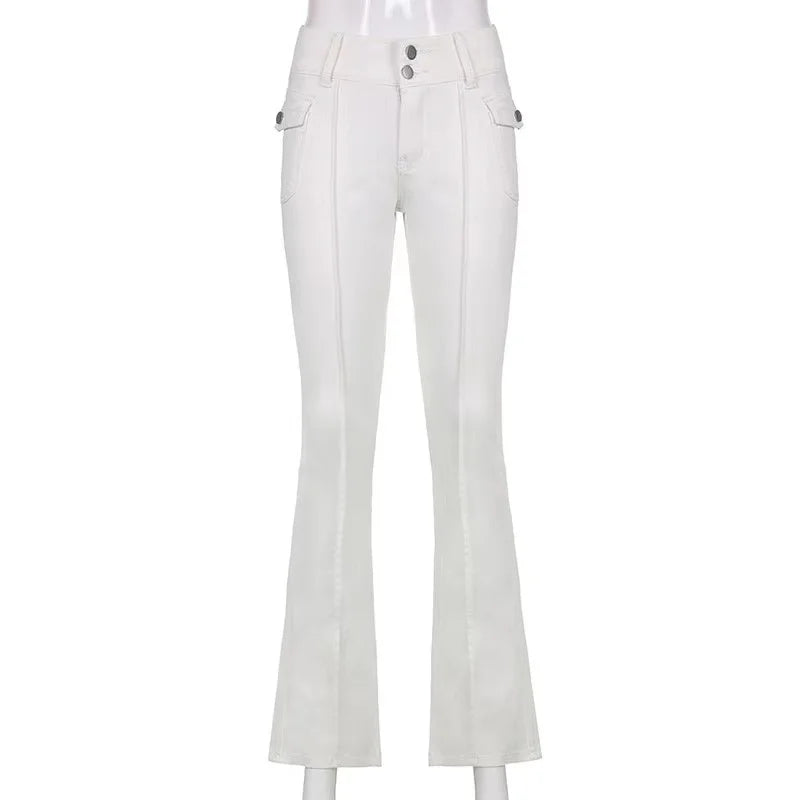 Y2K Brown Flared Jeans Solid Color Pocket Kawaii Trousers Low Waist Aesthetic Jogging Pants Women's Casual Basics