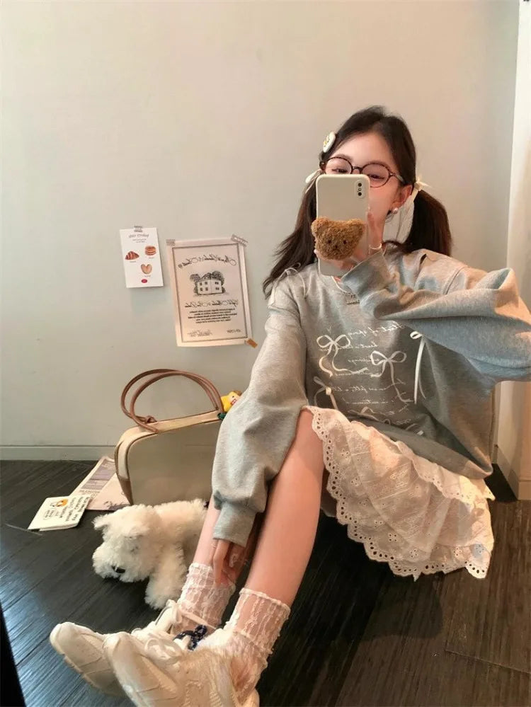 Sweatshirt Women Bow Hollow Out O Neck Long Sleeve Letter Printed Loose Thin Pullover Autumn New Sweet Female Hoodies