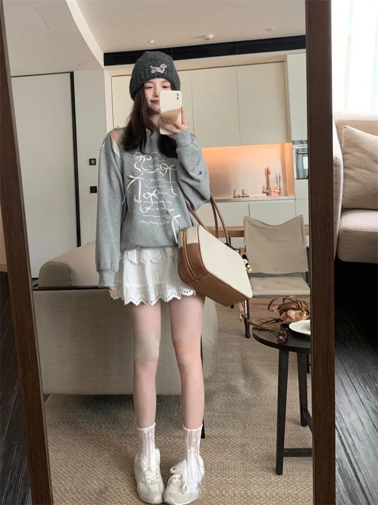 Sweatshirt Women Bow Hollow Out O Neck Long Sleeve Letter Printed Loose Thin Pullover Autumn New Sweet Female Hoodies