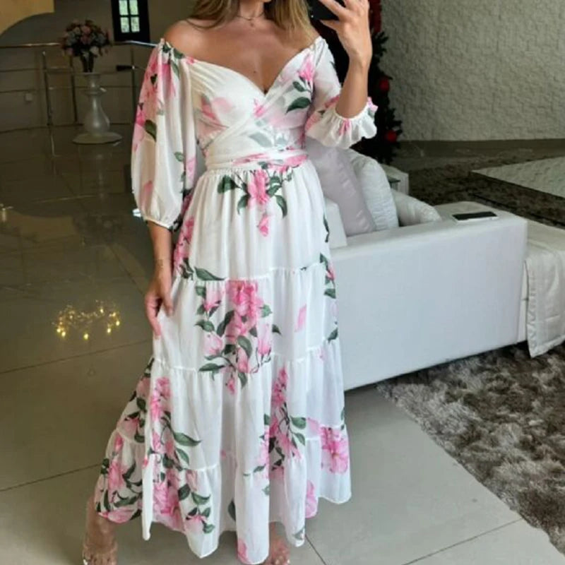 Women Chic Half Sleeve Swing Beach Long Dress 2024 Female Draped Loose Party Dress Elegant Floral Print Off Shoulder Pleat Dress