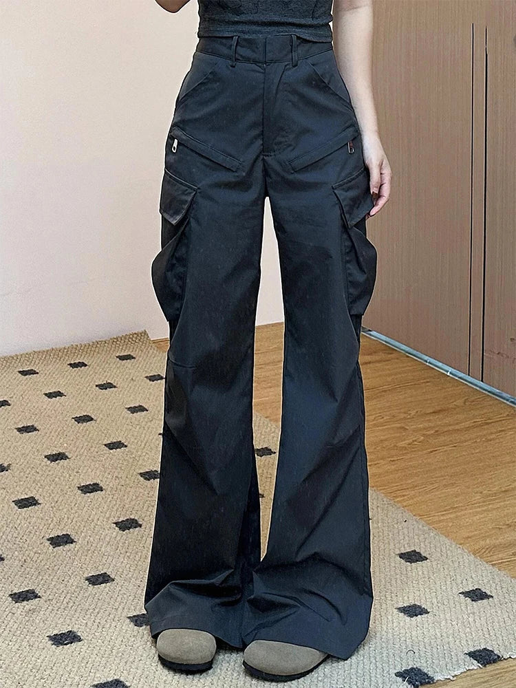 Women's Black Cargo Flare Pants Harajuku Streetwear Baggy Pants Y2k 2000s 90s Aesthetic Emo Pants Vintage Trousers Clothes 2024