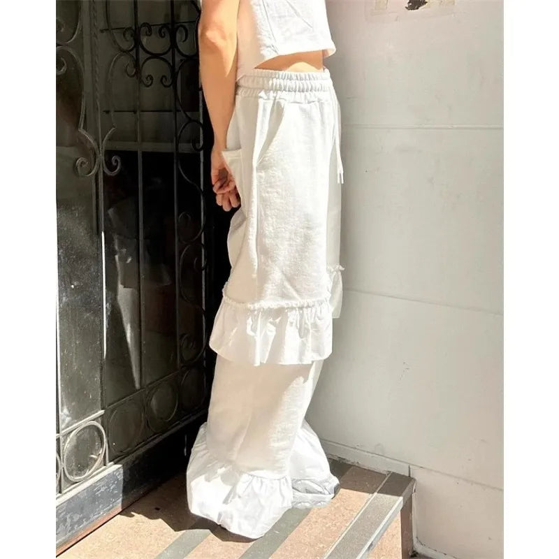 Vintage Korean Retro Ruffled Stitching Drawstring Casual Pants Women Spring and Summer Chic White Flare Pants