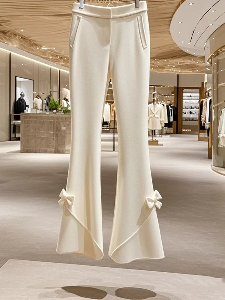 Winter Thick High Waist White Knitted Pants for Women Korean Fashion Sweet Bow Slimming Straight Tube Flare Pants Women Trousers