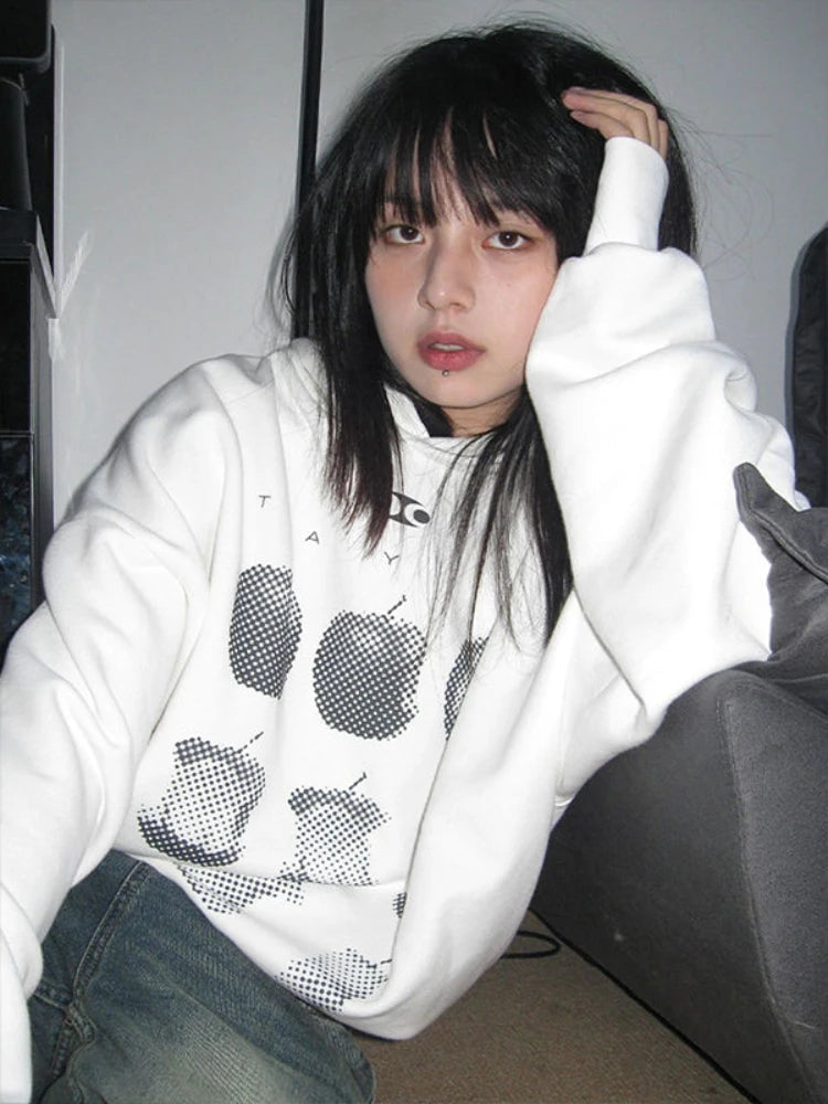 American Retro Fruit Print Hoodies Women High Street Apple Graphic Top Harajuku Oversized Streetwear Design Aesthetics