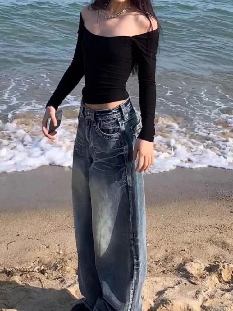 Y2k Vintage 90s Streetwear High Waist Wide Leg Pants American Retro Grunge Hip Hop Oversized Baggy Denim Pants 2024