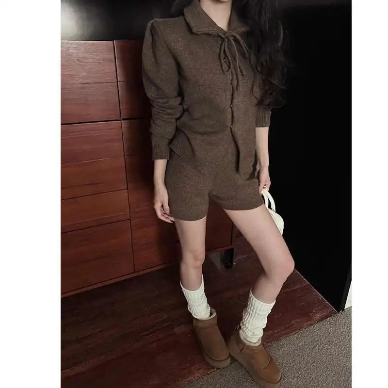 Sweet Hot Girl Casual Suit Women's Spring Turndown Collar Knitted Cardigan High Waisted Shorts Twopiece Set Female Clothes