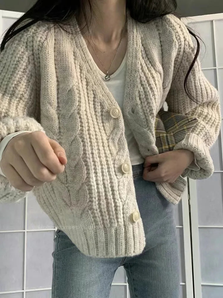 Women Solid Long Sleeve Cardigan Crochet Sweater Autumn Winter Casual Korean Vneck Single Breasted Short Tops Chic Streetwear