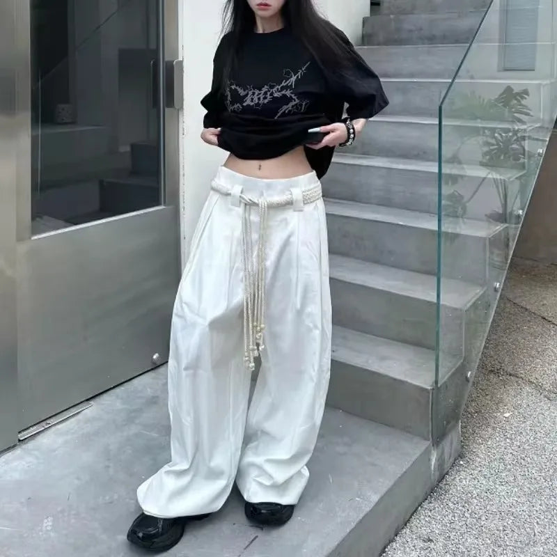 American Retro Pleated Draping Casual White Pants Women Autumn New Streetwear Loose Allmatch Wide Leg Pants with Belt