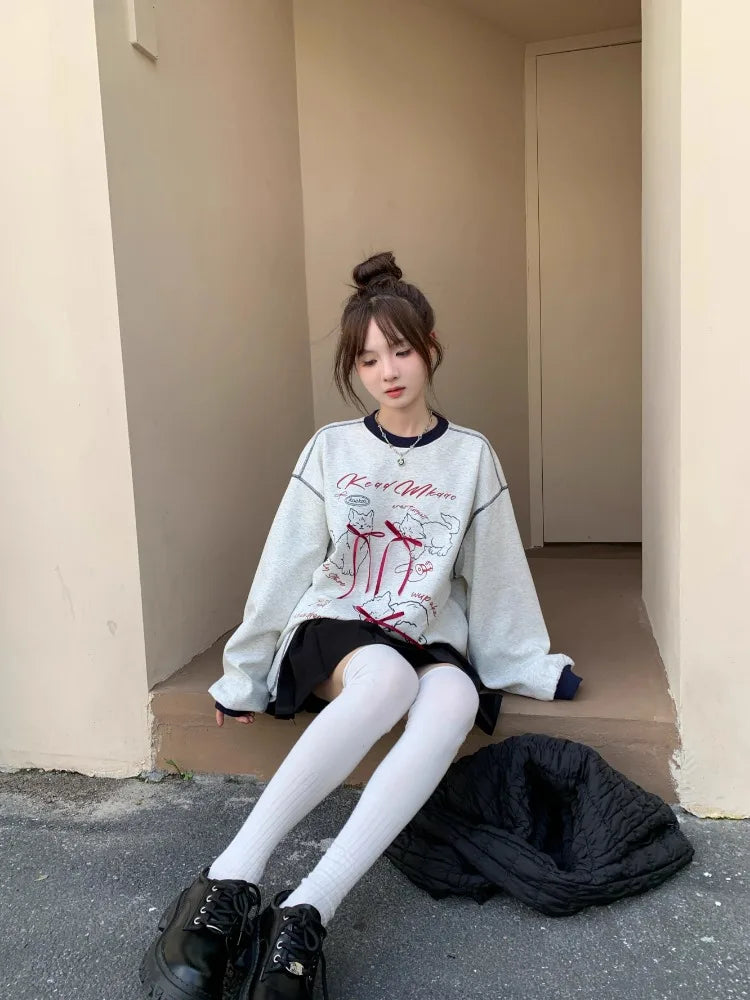 3D Bow Contrast Color Hoodies Round Neck Gray Sweatshirts Autumn Korean Fashion Loose Agereducing Cat Print Loose Top