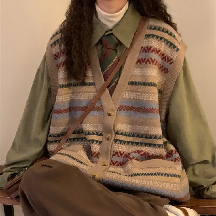 Autumn Vintage Lazy Vneck Sweater Vest Korean Fashion Loose Knitted Cardigan Y2k EGirl Slim Fit Sleeveless Tops Women