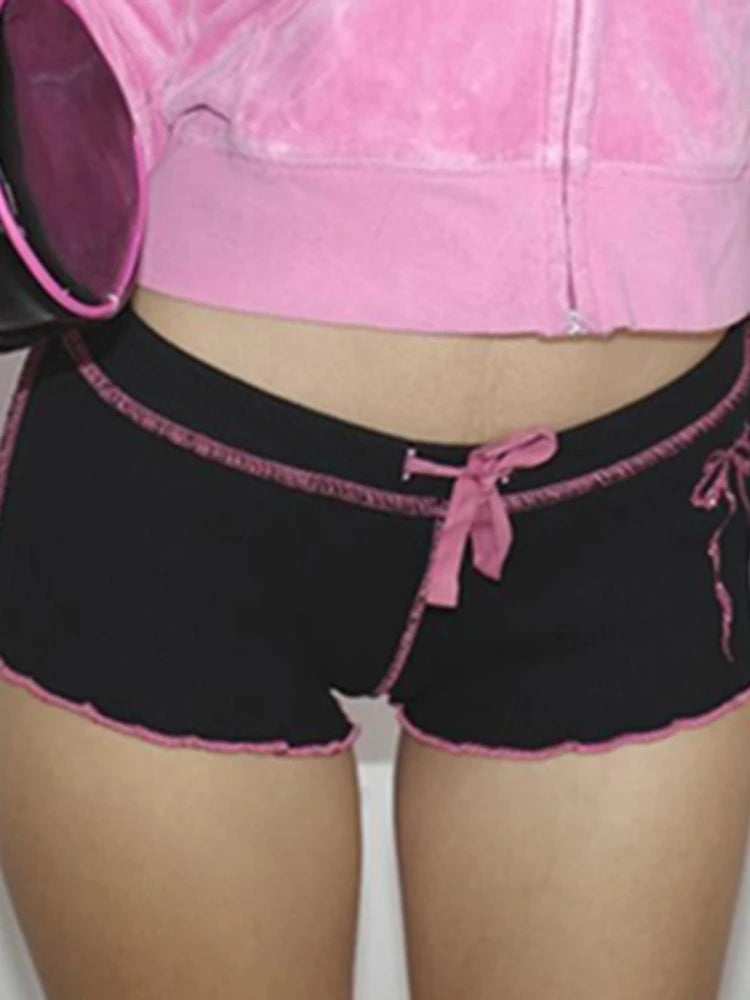 Sweet Korean Stitched Low Waisted Summer Shorts for Women Coquett Clothes Bow Ruched Skinny Hotpants Kawaii Homewear
