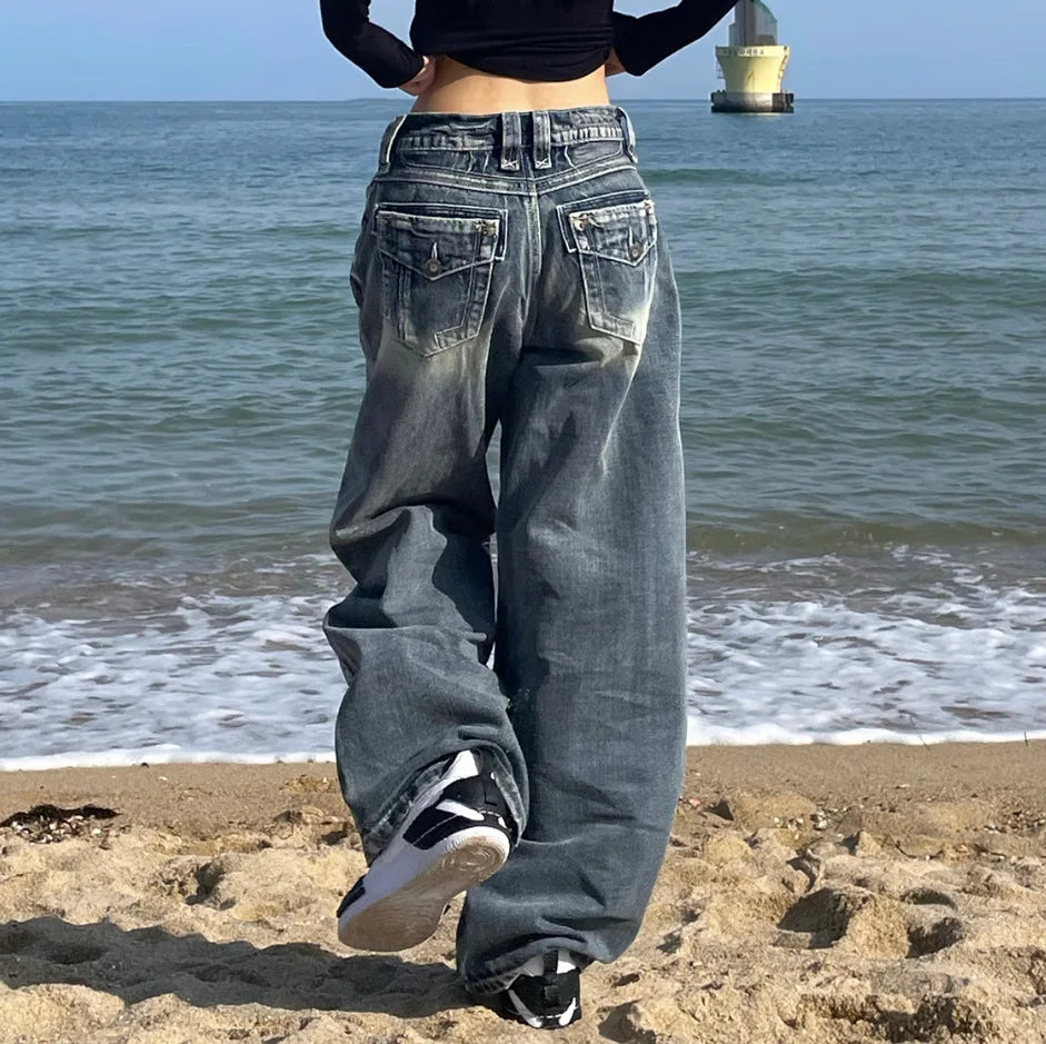 Y2k Vintage 90s Streetwear High Waist Wide Leg Pants American Retro Grunge Hip Hop Oversized Baggy Denim Pants 2024