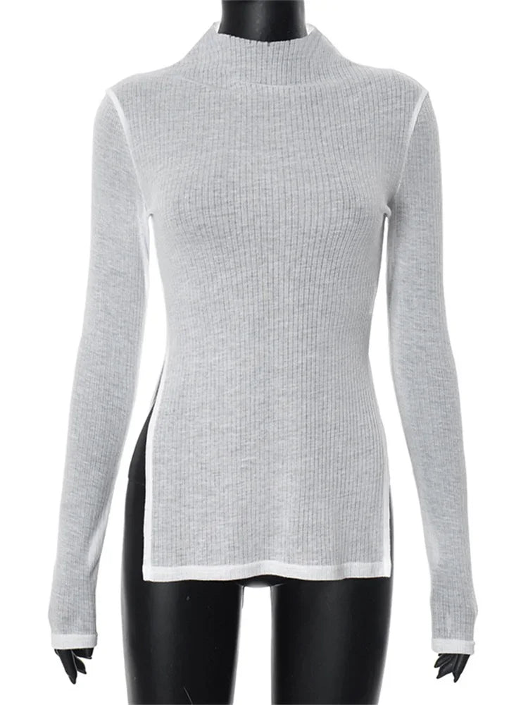 White Knitwear See-Through T-shirt Pullover Female Hollow Out Slim Loose Long Sleeve Casual Tee Women Patchwork Top Tee