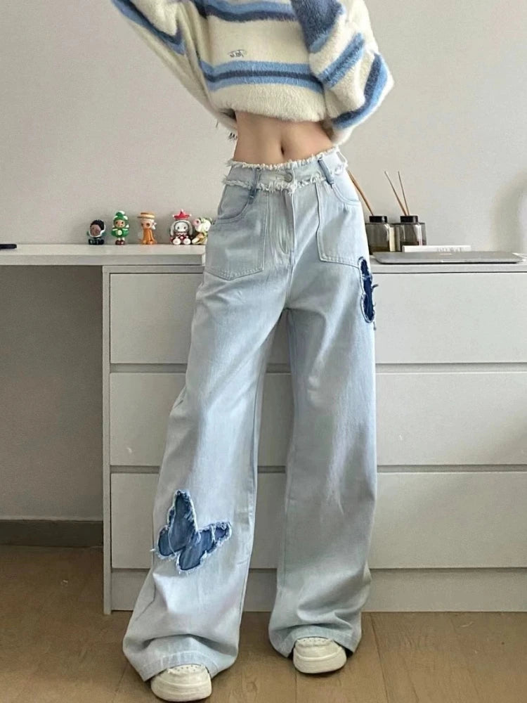 Blue Jeans Plus Size Women Y2k Fashion Loose Butterfly Patchwork Causal High Waist Denim Pants Streetwear Retro Bottoms
