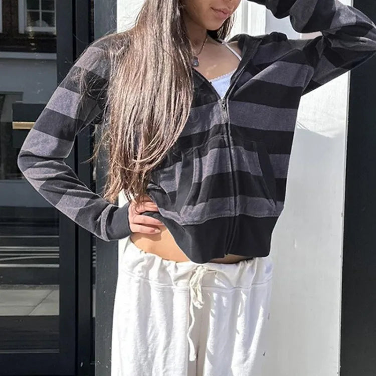 American High Street Striped Casual Hoodie Jackets Spring Autum New Cardigan Coat Women Y2k Long Sleeve Zipper Tops Mujer