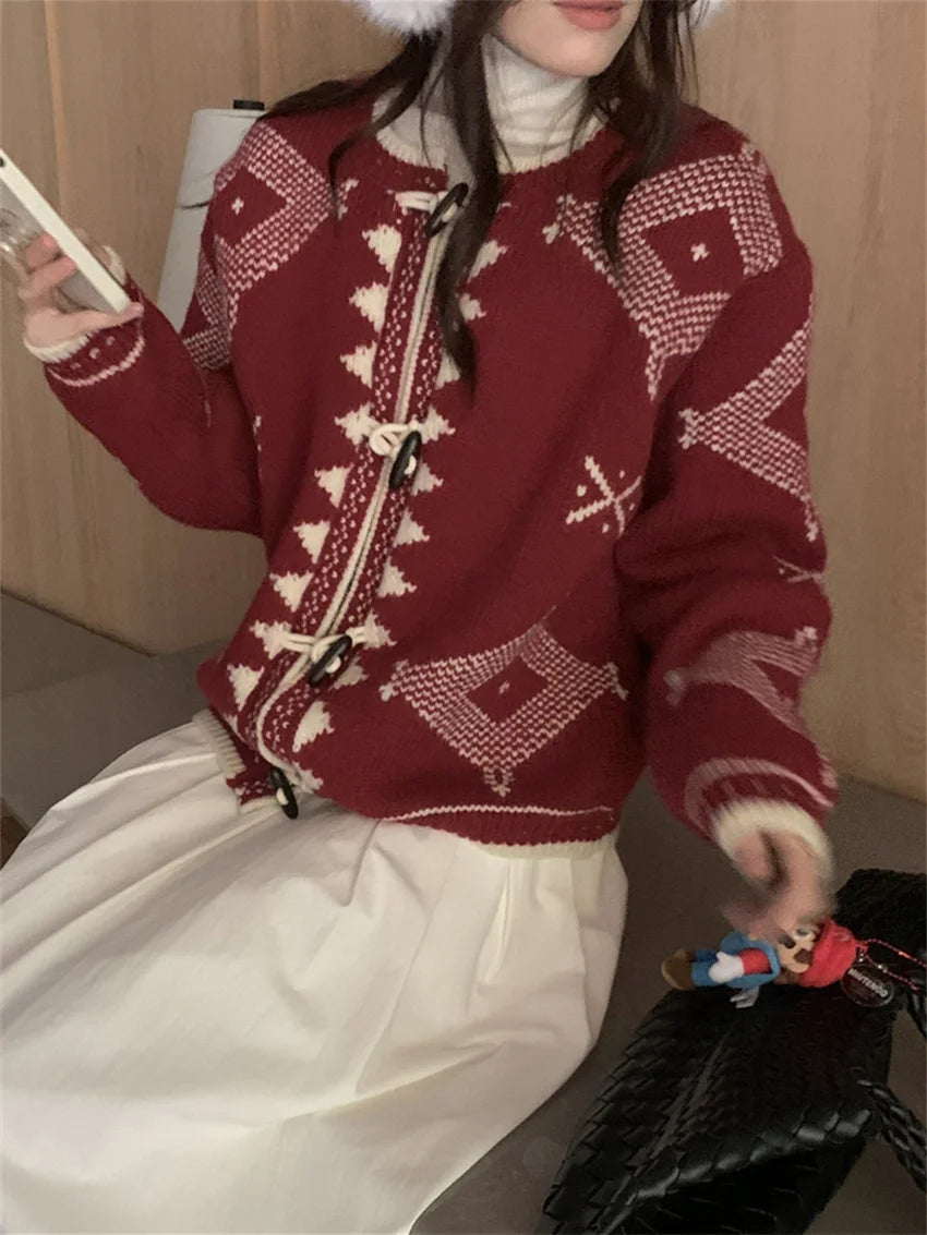 Chic Winter Sweaters Loose Knitwear Women Casual Vintage New Horn Buttons 2025 Slim Office Lady Cardigans Daily Coat