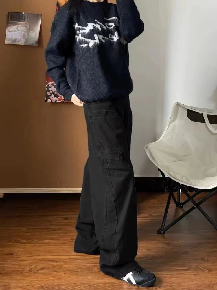 Boyfriend Jeans for Women Streetwear Baggy Vintage Balck Wide Leg Denim Trousers Harajuku Causal Straight Cowgirl Pants